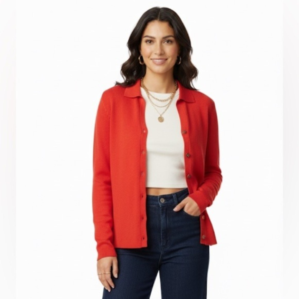 Due Per Due Red Silk Knit Bamboo Blend Collared Cardigan Button Up‎ Beaded XL